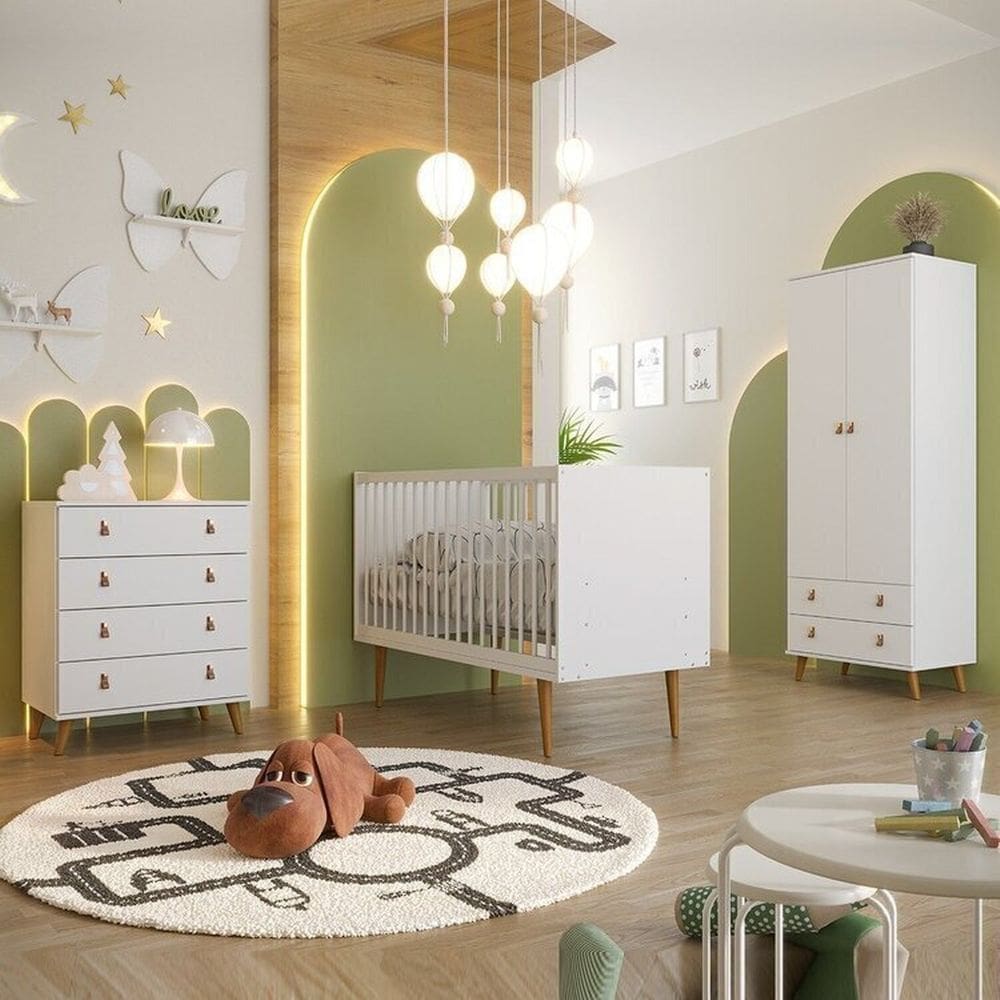 Quarto Infantil Completo com Guarda Roupa 2 Portas 2 Gavetas Cômoda 4 Gavetas e Berço Encanto Branco Brilhante