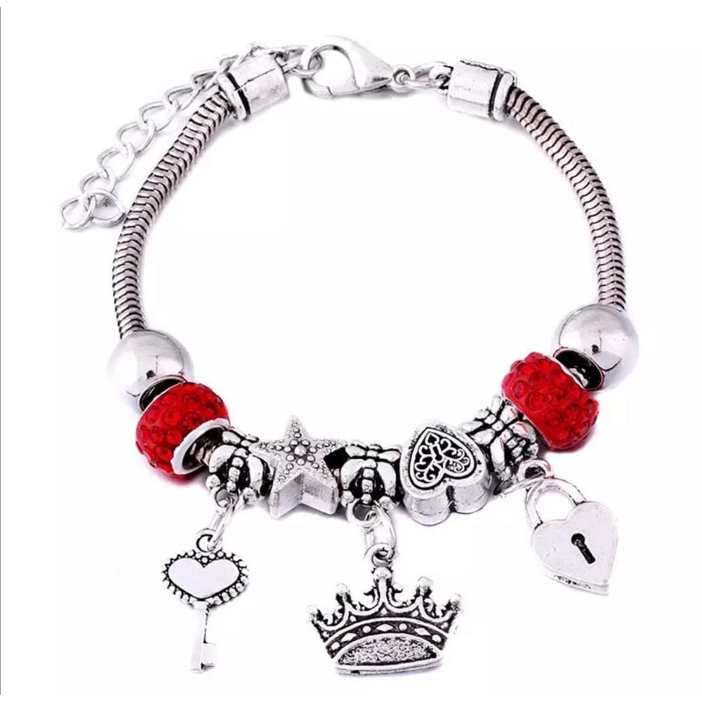 Pulseira Berloque Prateada Coroa Coração Fechadura B7523