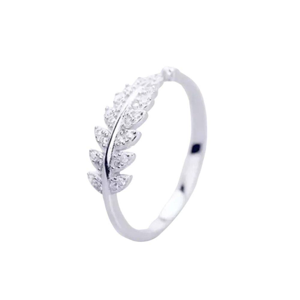 Anel Prateado Delicado Folhas Strass Ajustável