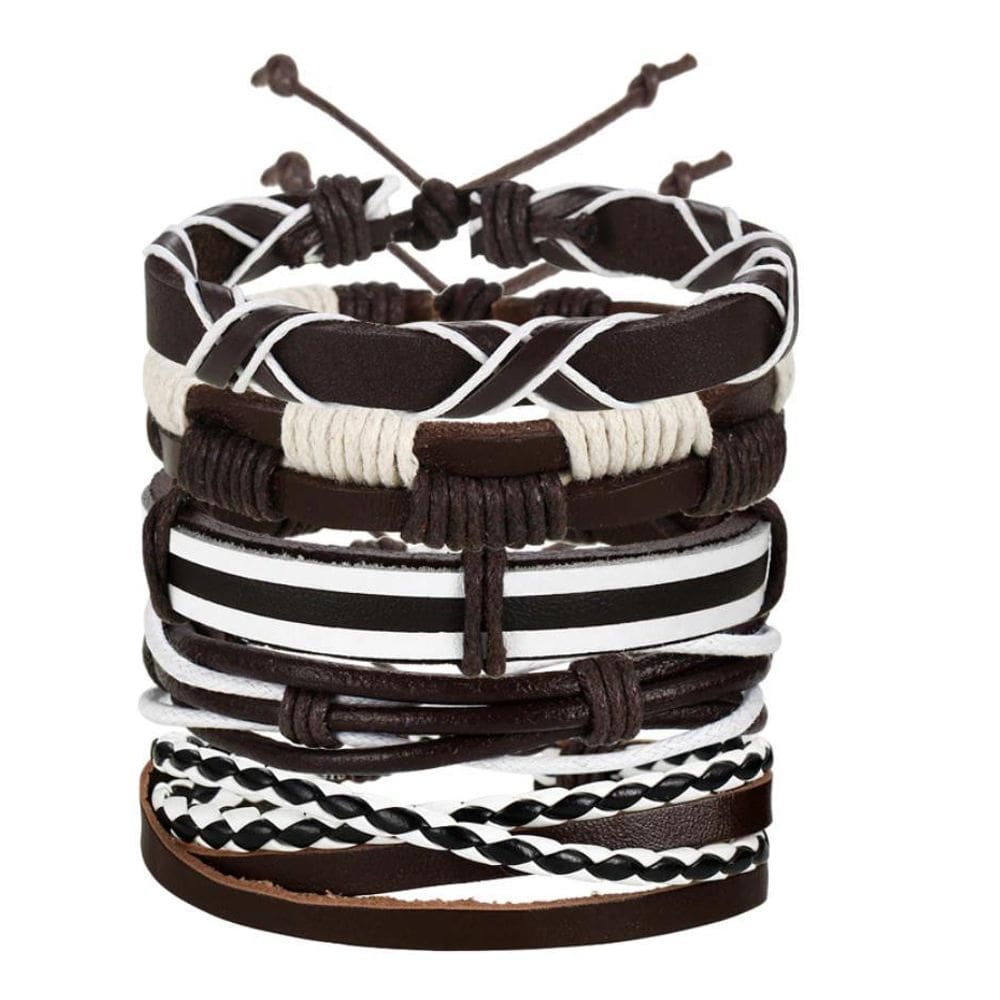 Kit 5 Pulseiras Bracelete Couro Marrom E Branco