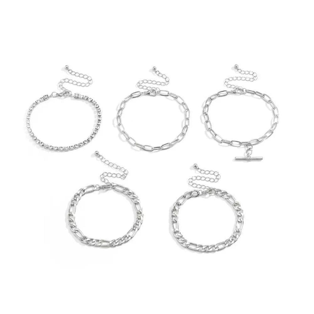 Pulseira Prateada 5 Peças Strass Correntes Z0129