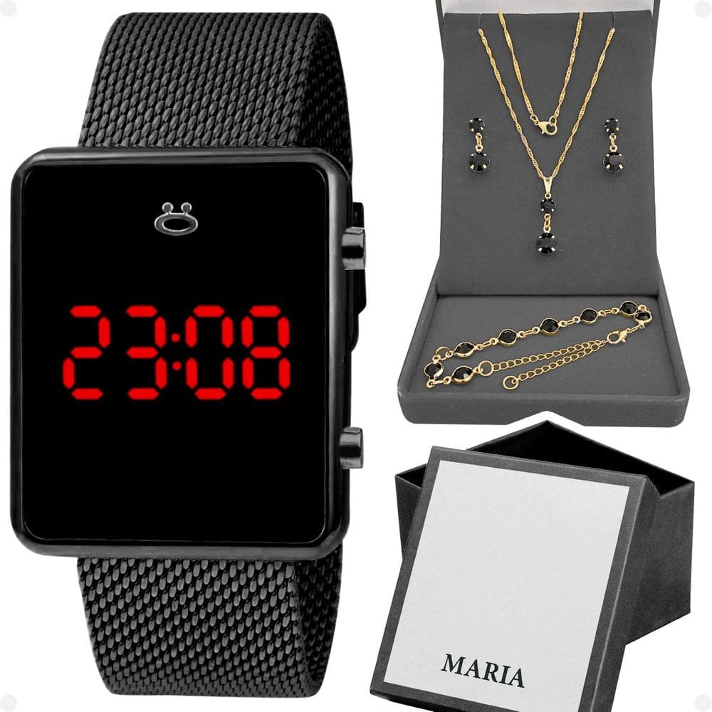 relogio feminino digital preto + caixa + brincos + colar silicone quadrado aço inoxidavel presente