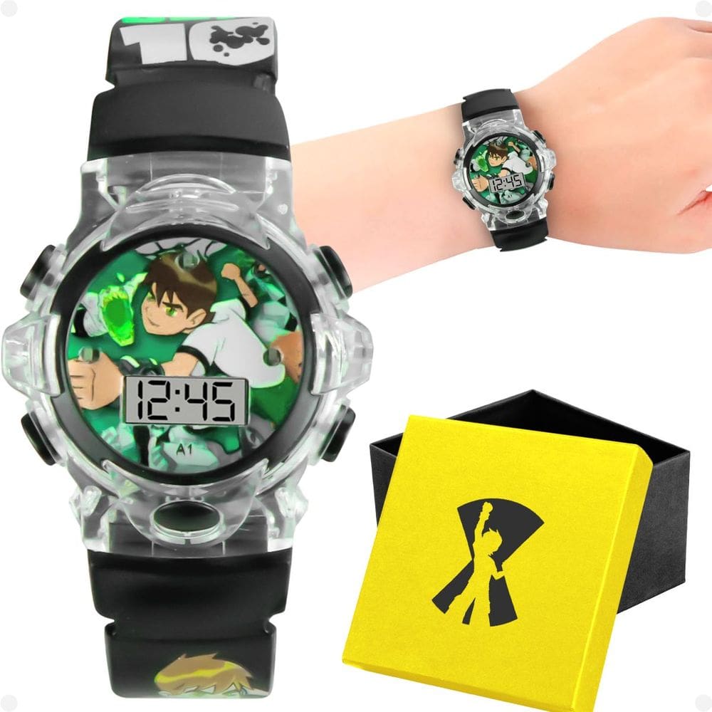 relogio digital infantil silicone preto ben10 led + caixa esportivo data heroi luz ajustavel verde
