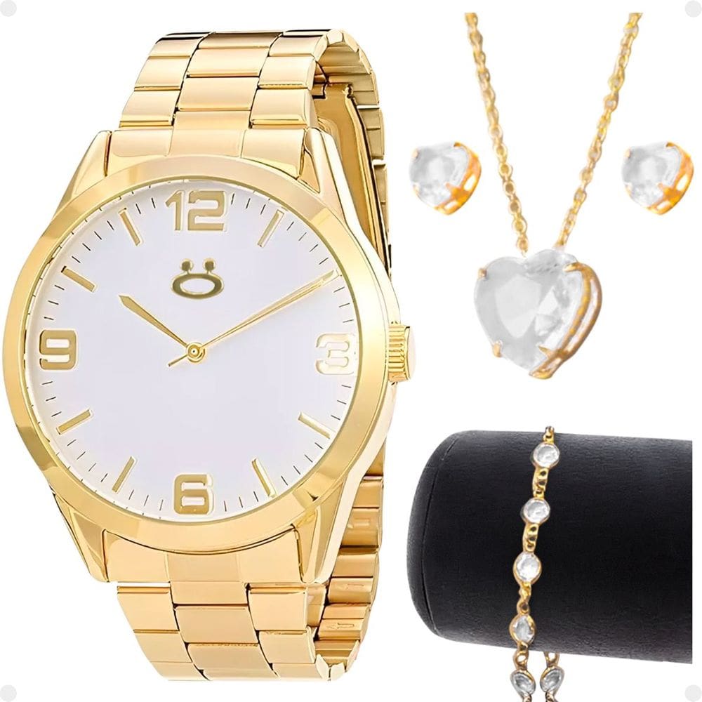 relogio feminino banhado aço inox + brincos + colar strass presente casual moda qualidade premium