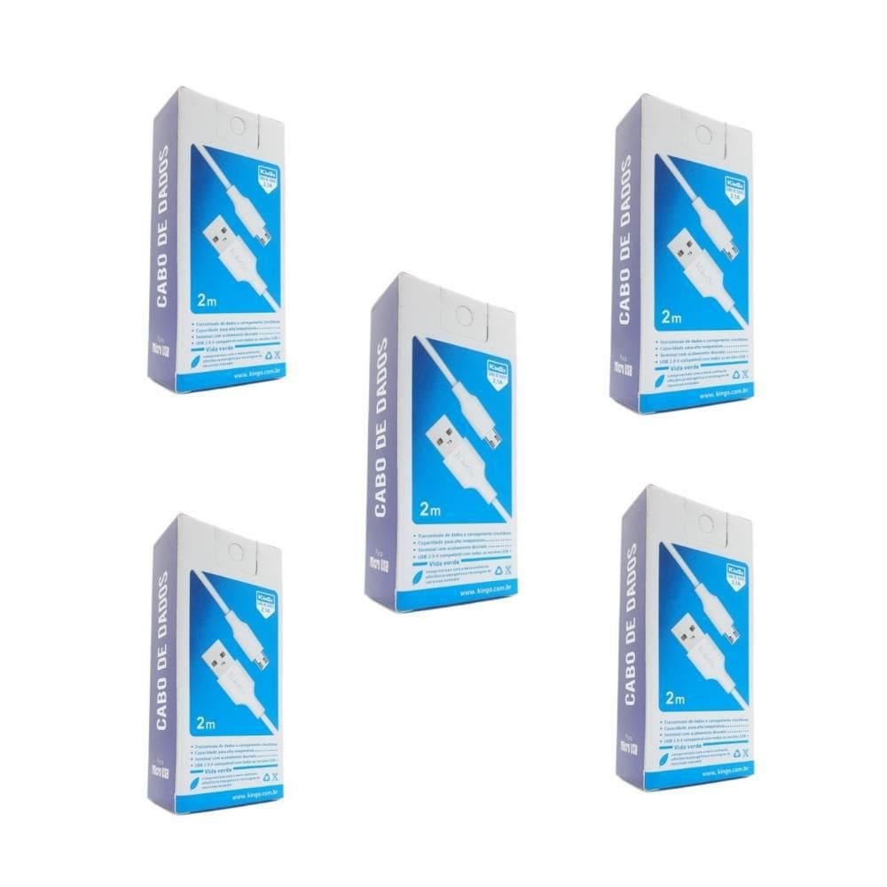 Kit 5 Cabos Micro-Usb V8 Kingo Branco 2M 2.1A Para Galaxy J8
