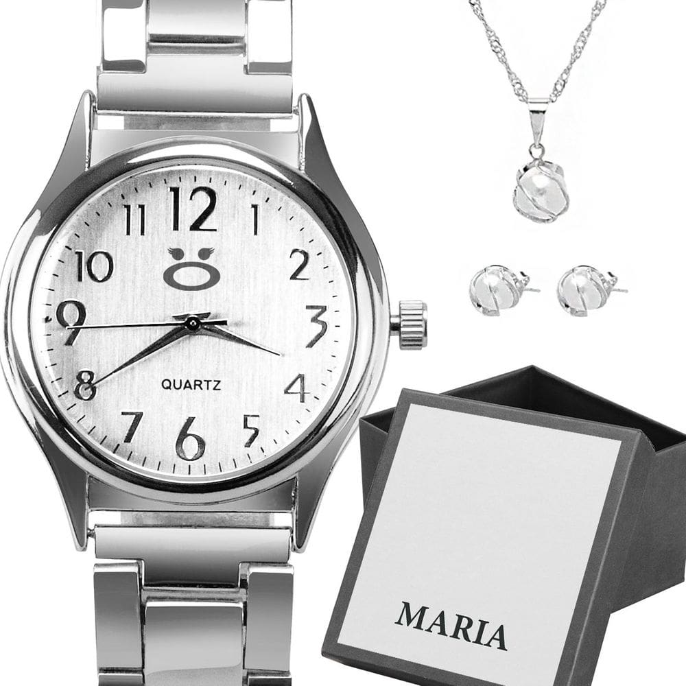 Relogio feminino prata aço inox + caixa + colar brincos presente perola moda social