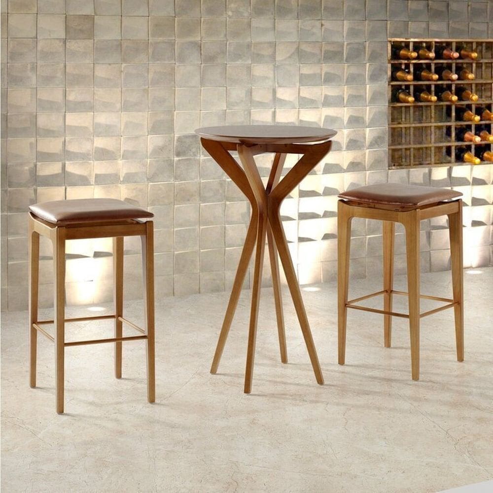 Conjunto Madeira Maciça Mesa Bistrô 60 Cm + 2 Banquetas Assento Estofado e Suporte para Pés Freijó