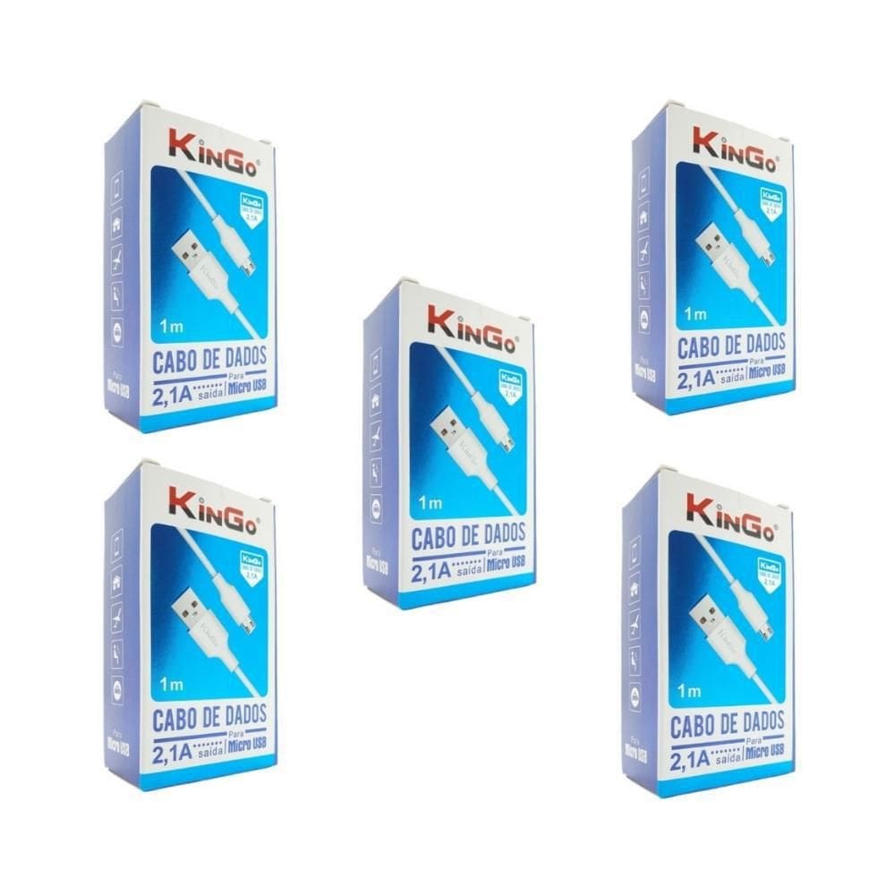 Kit 5 Cabos Micro-Usb V8 Branco Kingo 1M 2.1A P/ Galaxy A10S