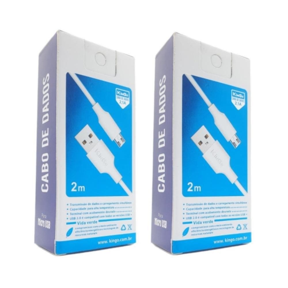 Kit 2 Cabos Micro-Usb V8 Kingo Branco 2M 2.1A Para Galaxy J6