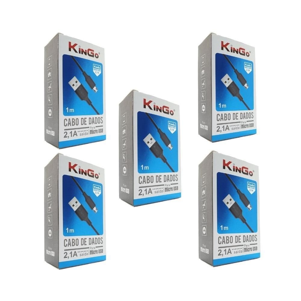 Kit 5 Cabos Usb V8 Kingo Preto 1M 2.1A Para Galaxy J6 Plus