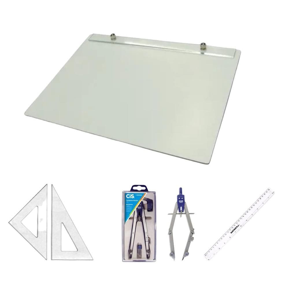 Kit Prancheta A3 Branca + Compasso + Esquadro + Régua