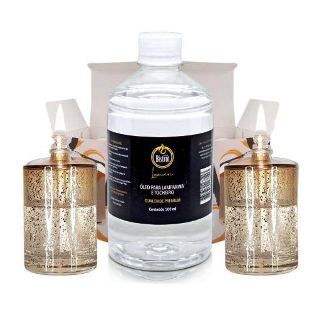 Kit 2 Lamparinas Decorativa Sonhos Dourados+ 500Ml De Fluido