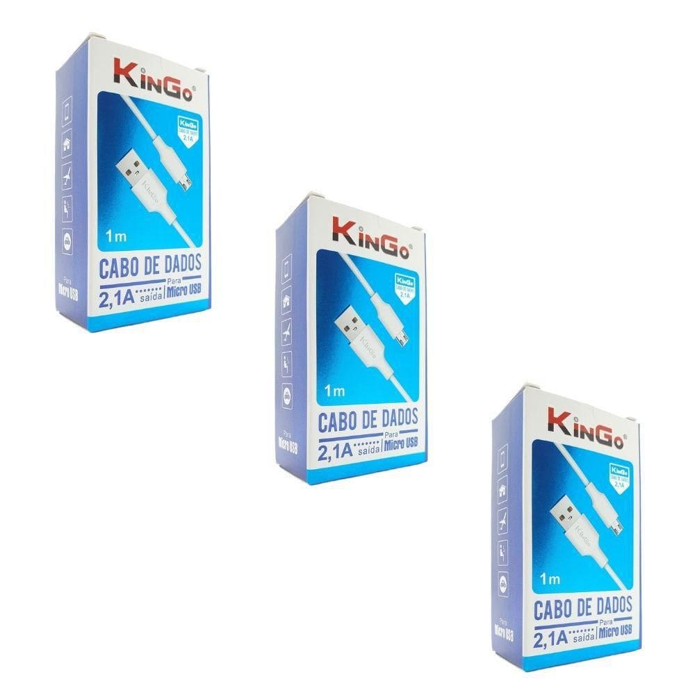 Kit 3 Cabos De Dados Carregadores Micro-Usb V8 Kingo 1M 2.1A