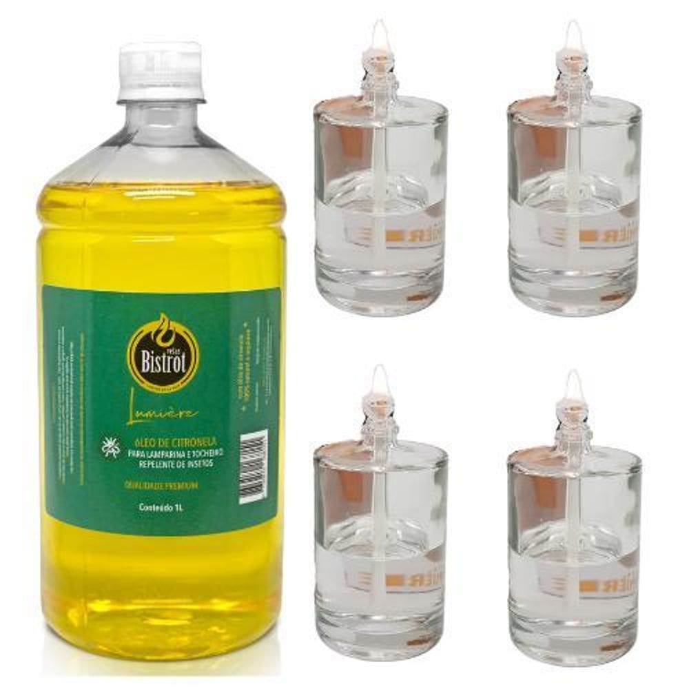 Kit 4 Lamparinas Decorativa Cilí Incolor + 1L De Citronela