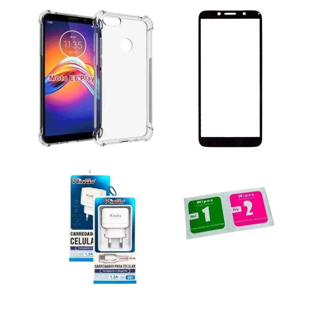 Kit Capa Reforçada Moto E6 Play + Película 3D + Carregador