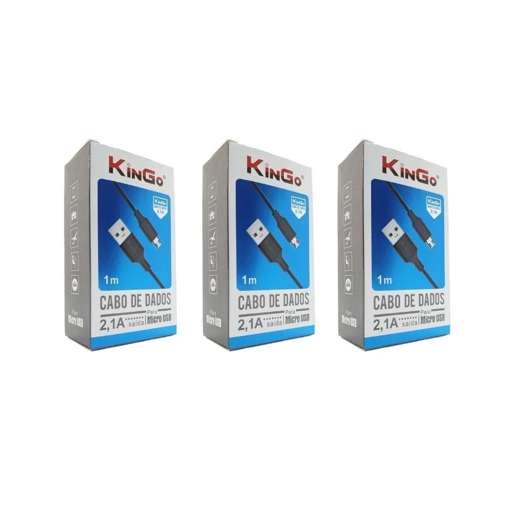 Kit 3 Cabos Usb V8 Kingo Preto 1M 2.1A Para Galaxy J2 Prime