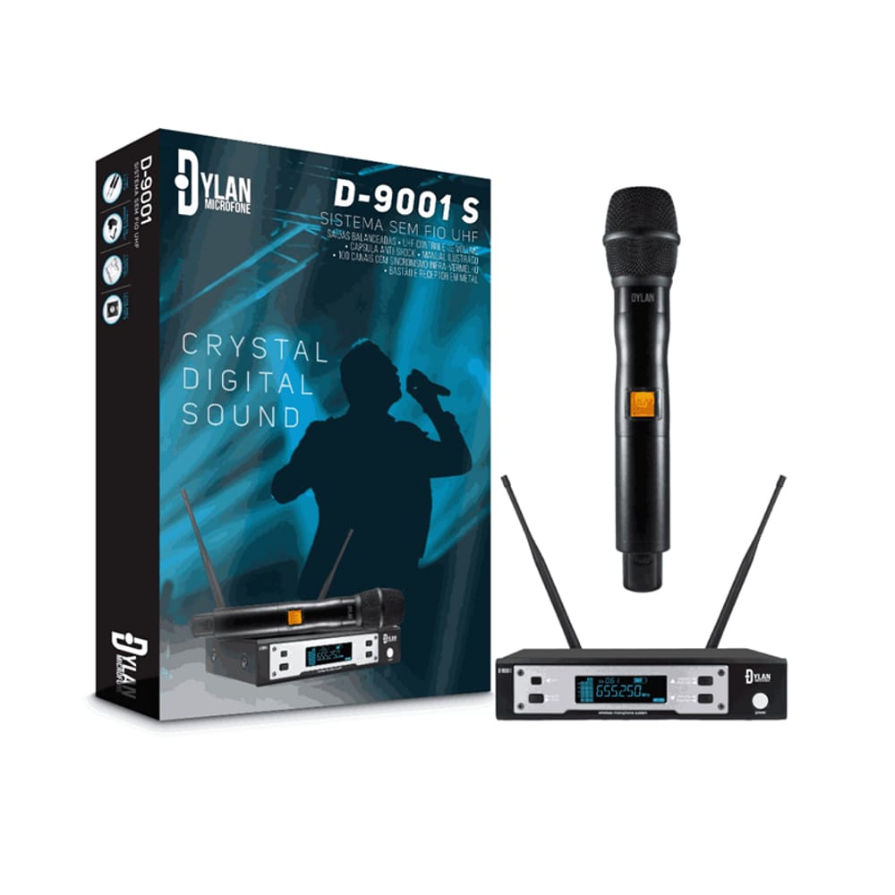 Microfone Dylan Sem Fio D9001s Uhf C/1 Microfone Bastao C/Display Digital C/100 Canais