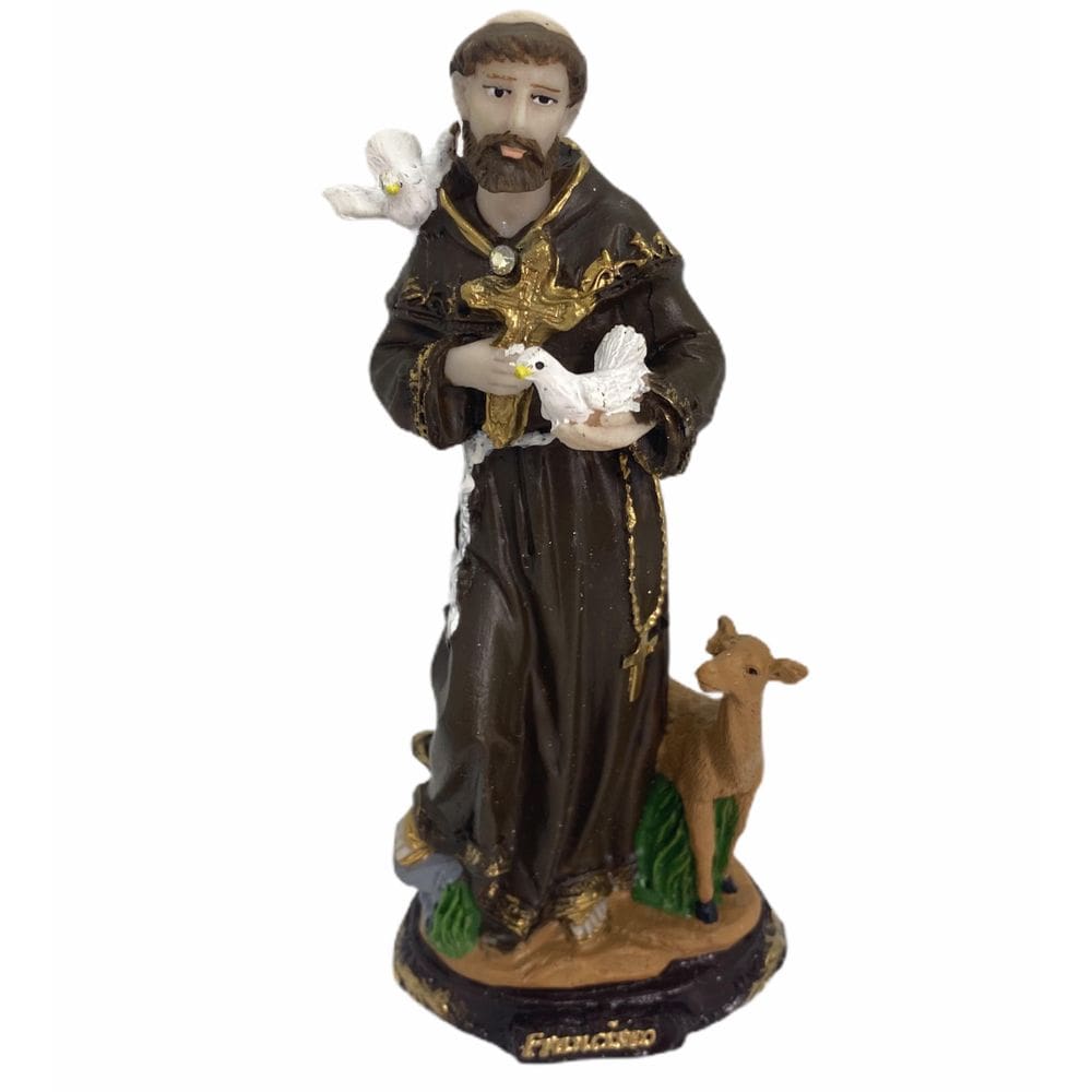 São Francisco De Assis Com Crucifixo Escultura Em Resina 14 Cm