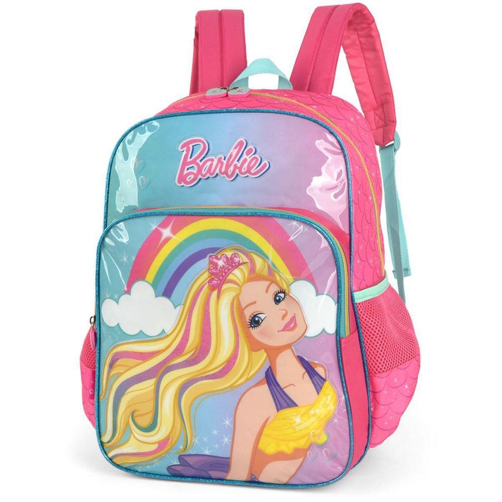 Mochila Escolar Barbie Gd 3 Bolsos Turquesa