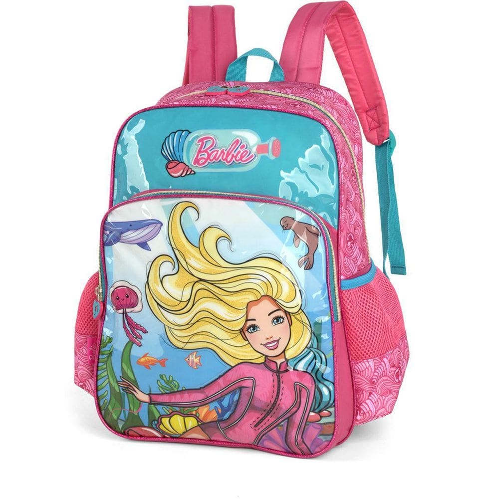 Mochila Escolar Barbie Gd 2Bolsos Azul