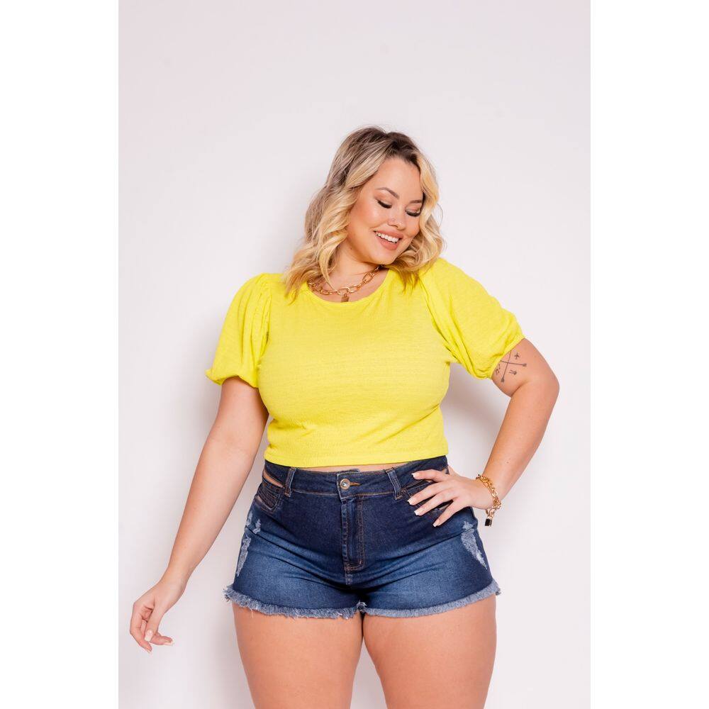 Cropped Plus Size Liso Mangas Curtas Bufante