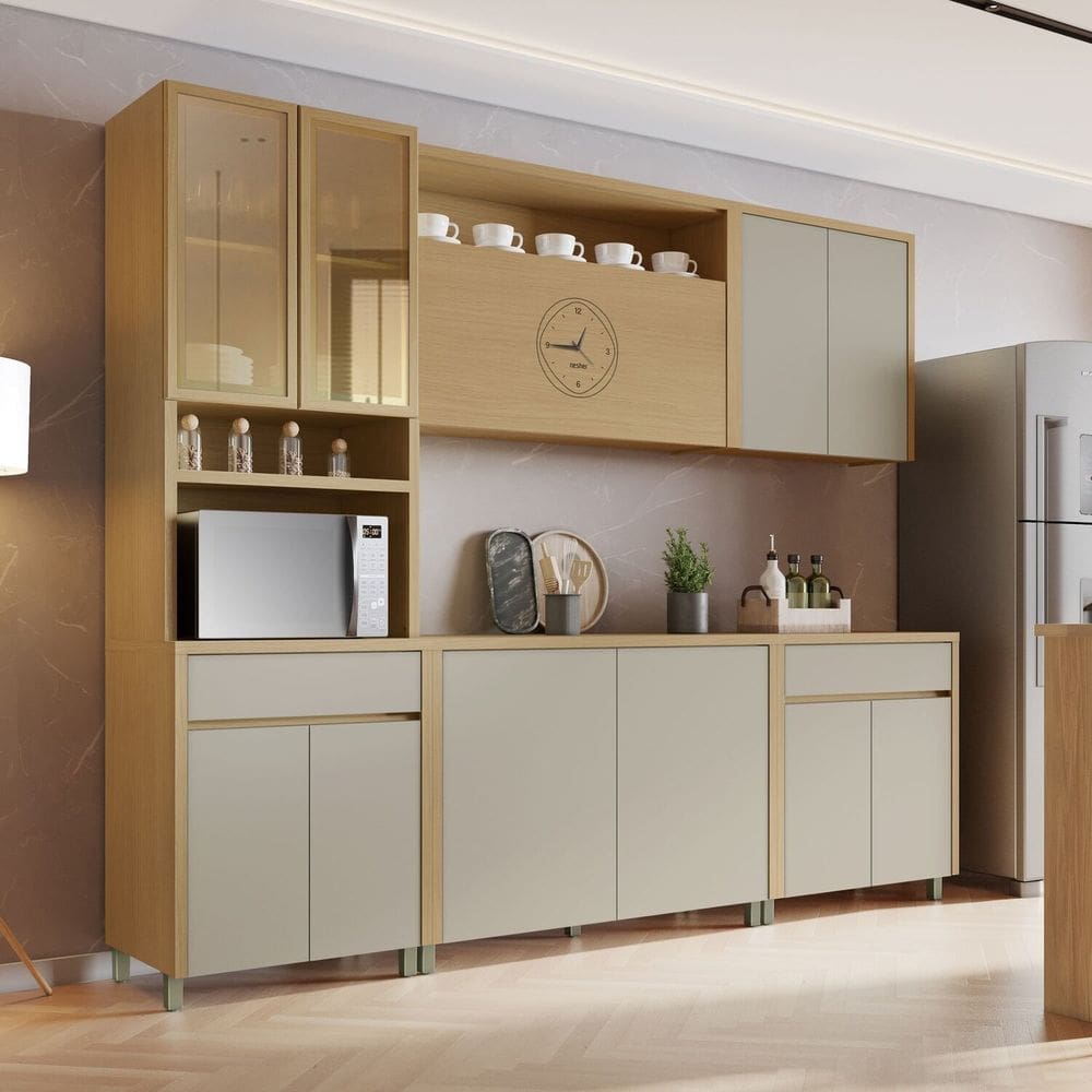 Cozinha Completa 5 Peças 11 Portas 2 Gavetas Condessa 270cm 100% Mdf Carvalho/Greige