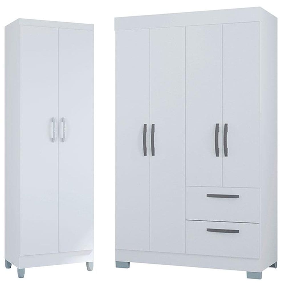 Guarda Roupa Solteiro Tóquio 4 Portas com Armário Multiuso 2 Portas Branco Brilho - Poquema