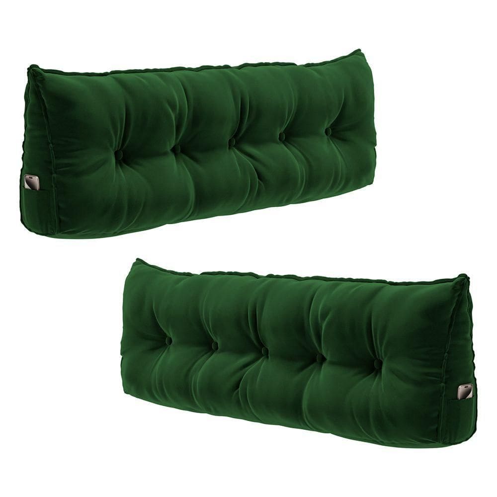 Kit 02 Almofadas Para Cabeceira Encosto Apoio Lombar Spot 140cm Com Porta Celular Veludo - Desk Design Cor Verde Escuro