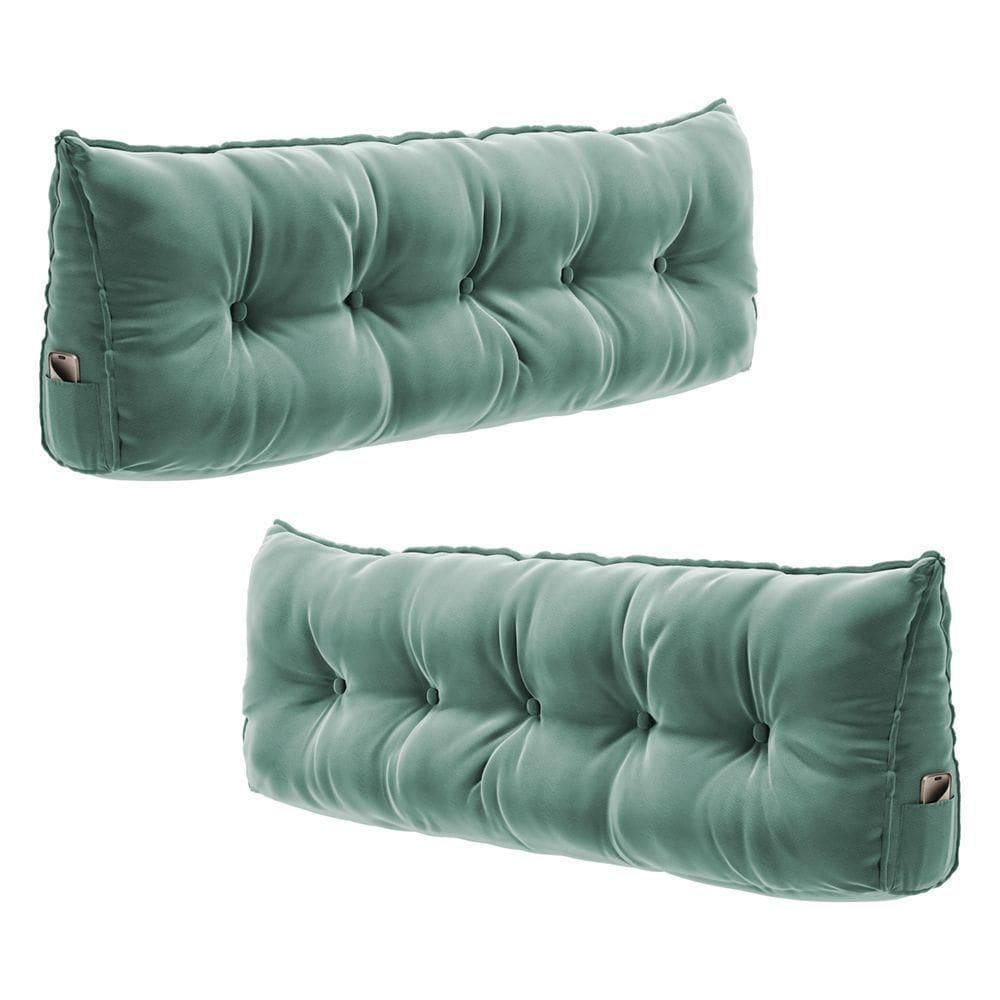 Kit 02 Almofadas Para Cabeceira Encosto Apoio Lombar Spot 140cm Com Porta Celular Veludo - Desk Design Cor Verde Claro