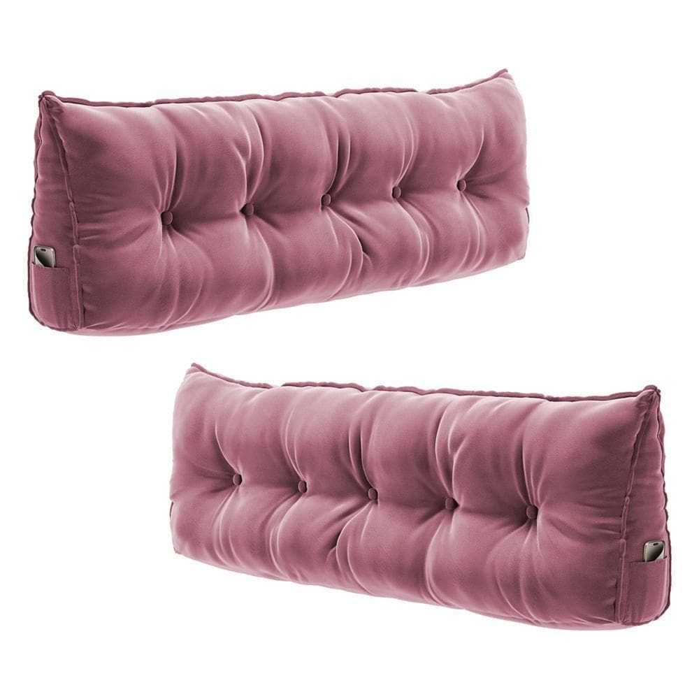 Kit 02 Almofadas Para Cabeceira Encosto Apoio Lombar Spot 160cm Com Porta Celular Veludo - Desk Design Cor Rosa