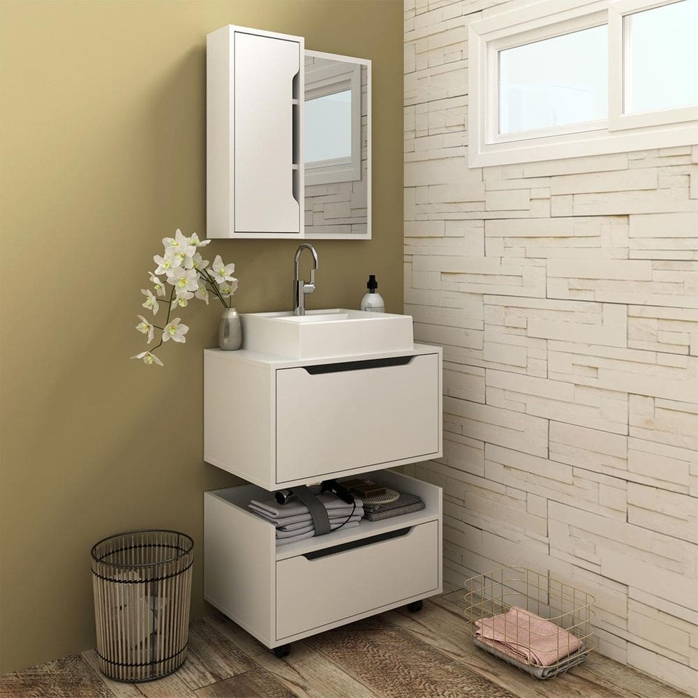 Kit Banheiro Modulado com Espelho Cuba e Gaveteiro Branco Tecno Mobili