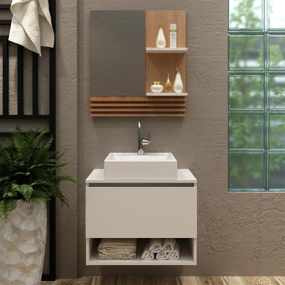 Kit Banheiro com Cuba e Espelheira Branco Mármore Tecno Mobili