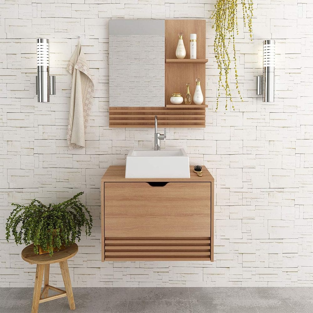 Conjunto Gabinete de Banheiro com Espelho Amêndoa Tecno Mobili