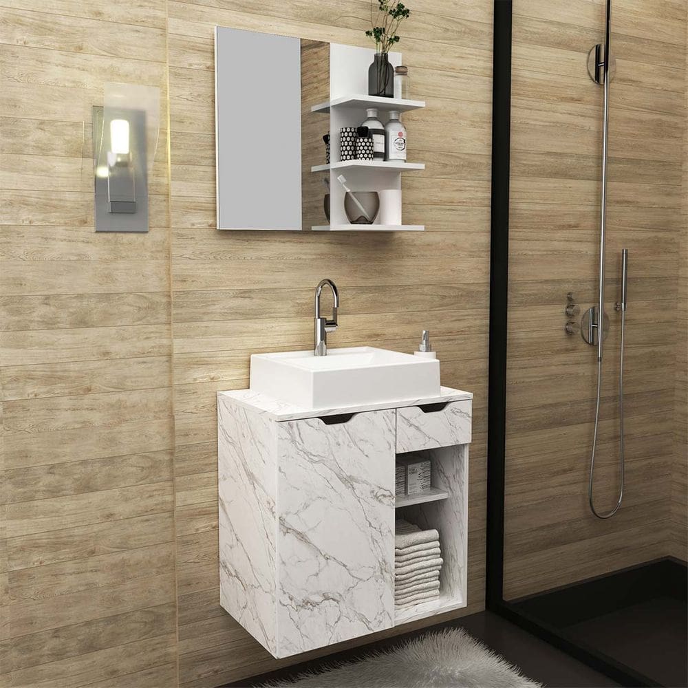 Kit Lavabo com Gabinete Suspenso, Cuba e Espelho Mármore Branco Tecno Mobili