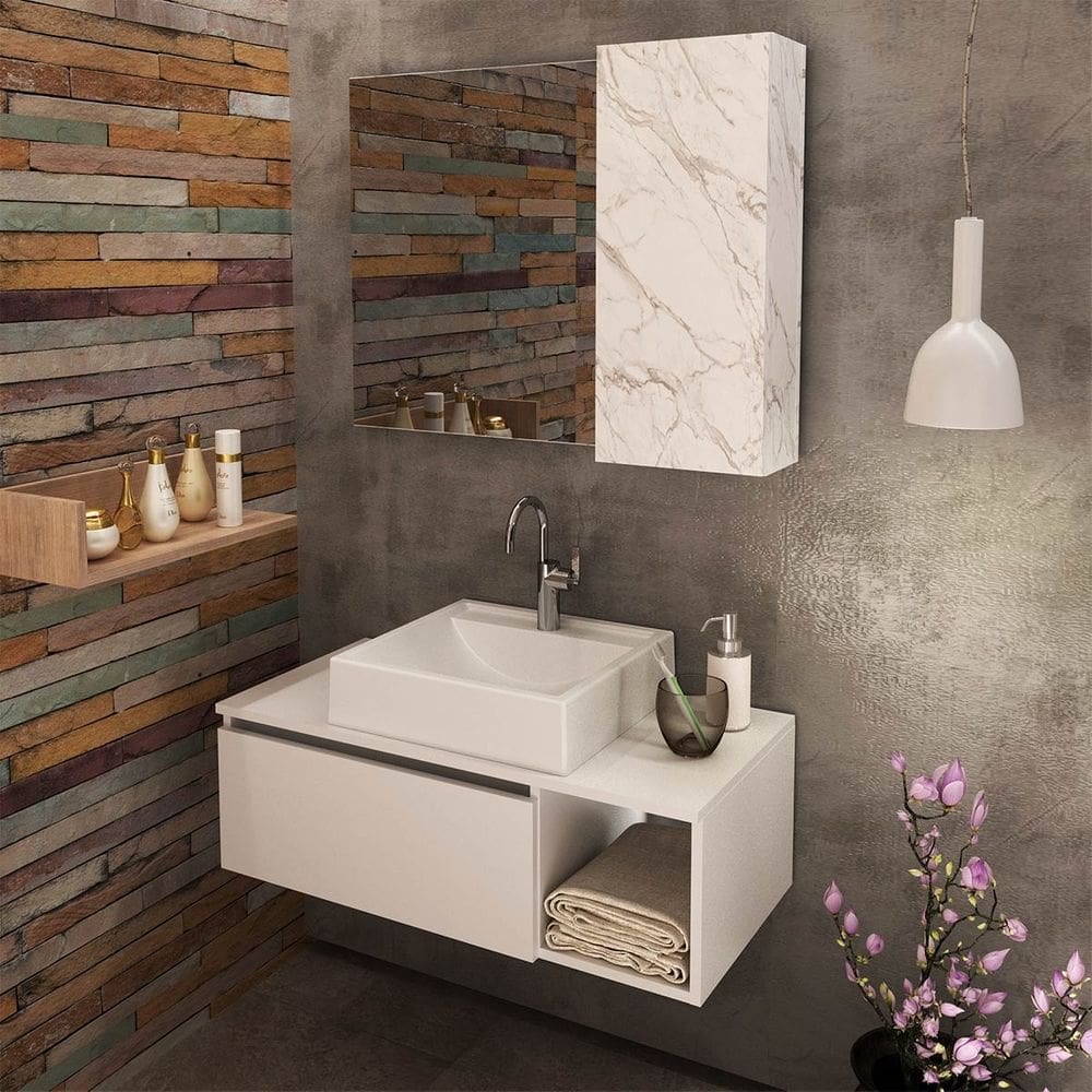 Gabinete para Banheiro com Cuba e Espelho Branco Tecno Mobili