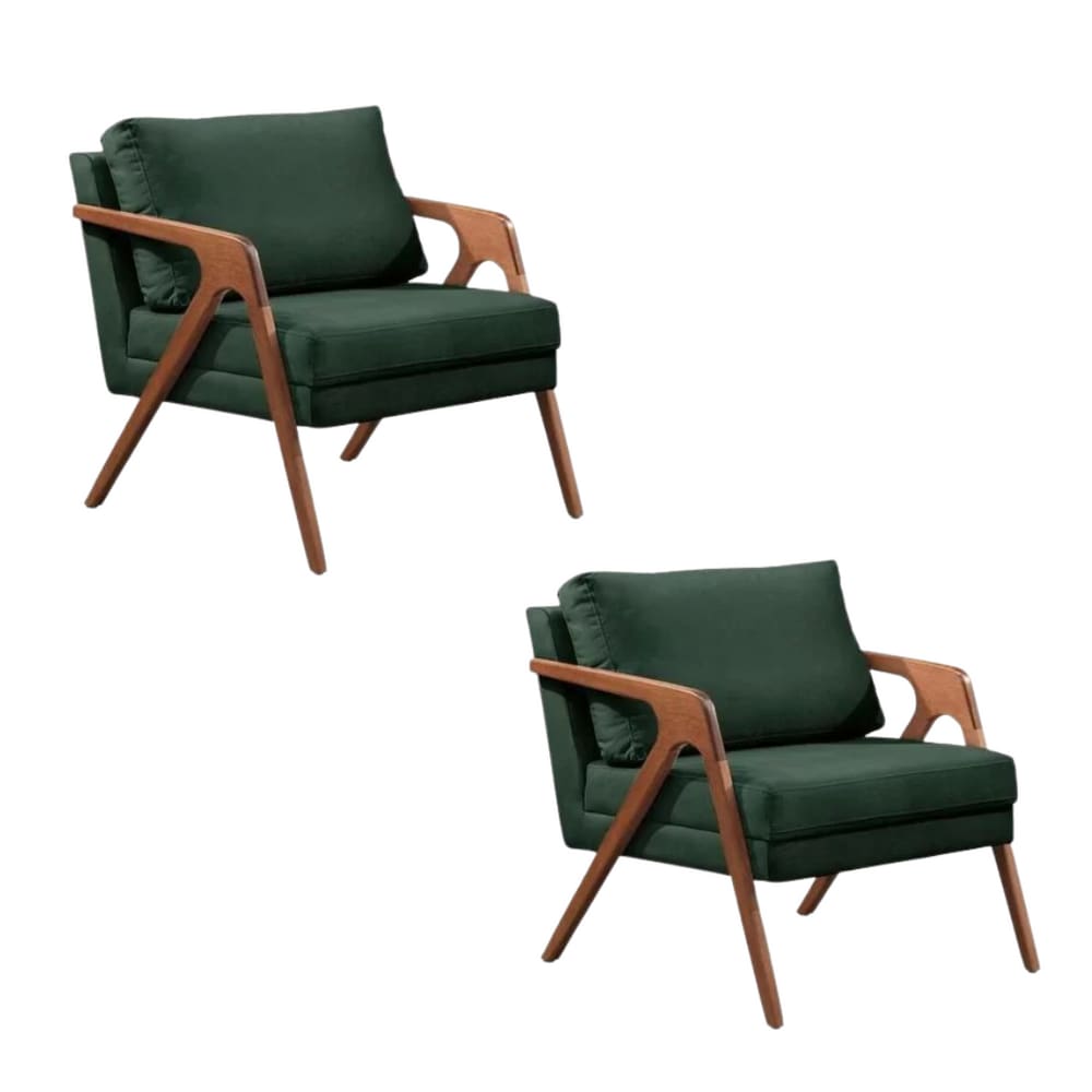 Kit 02 Poltronas Decorativa Mona Luxo Base Em Madeira Maciça Veludo Verde