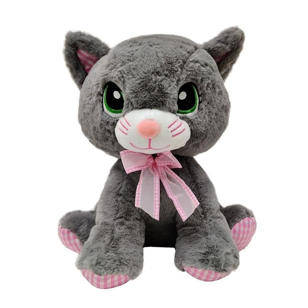 Gato De Pelúcia Cinza Com Laço No Pescoço 28Cm