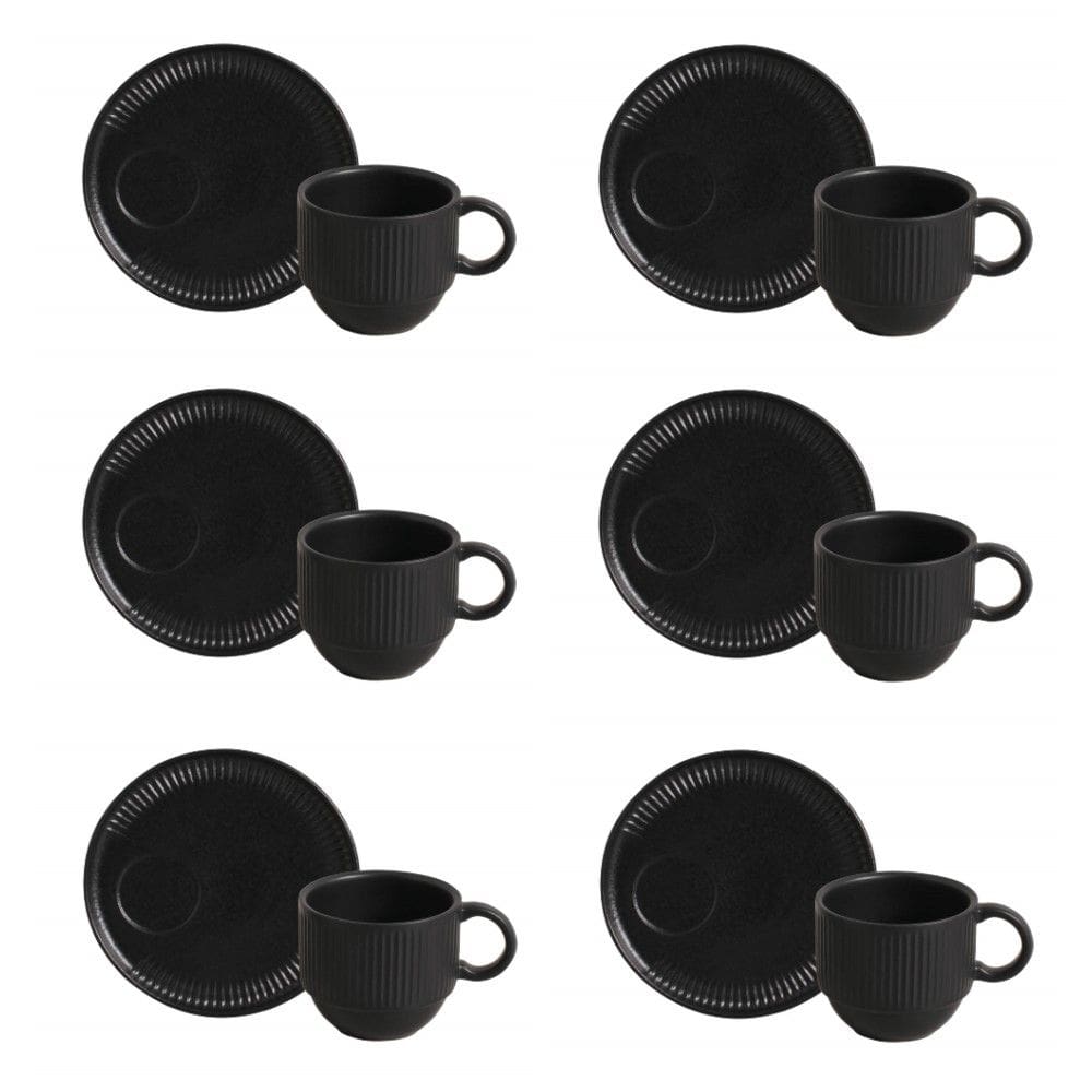 Conjunto de Xícara de Chá Empilhável com Pires 06 Peças Linhas Preto Matte Porto Brasil