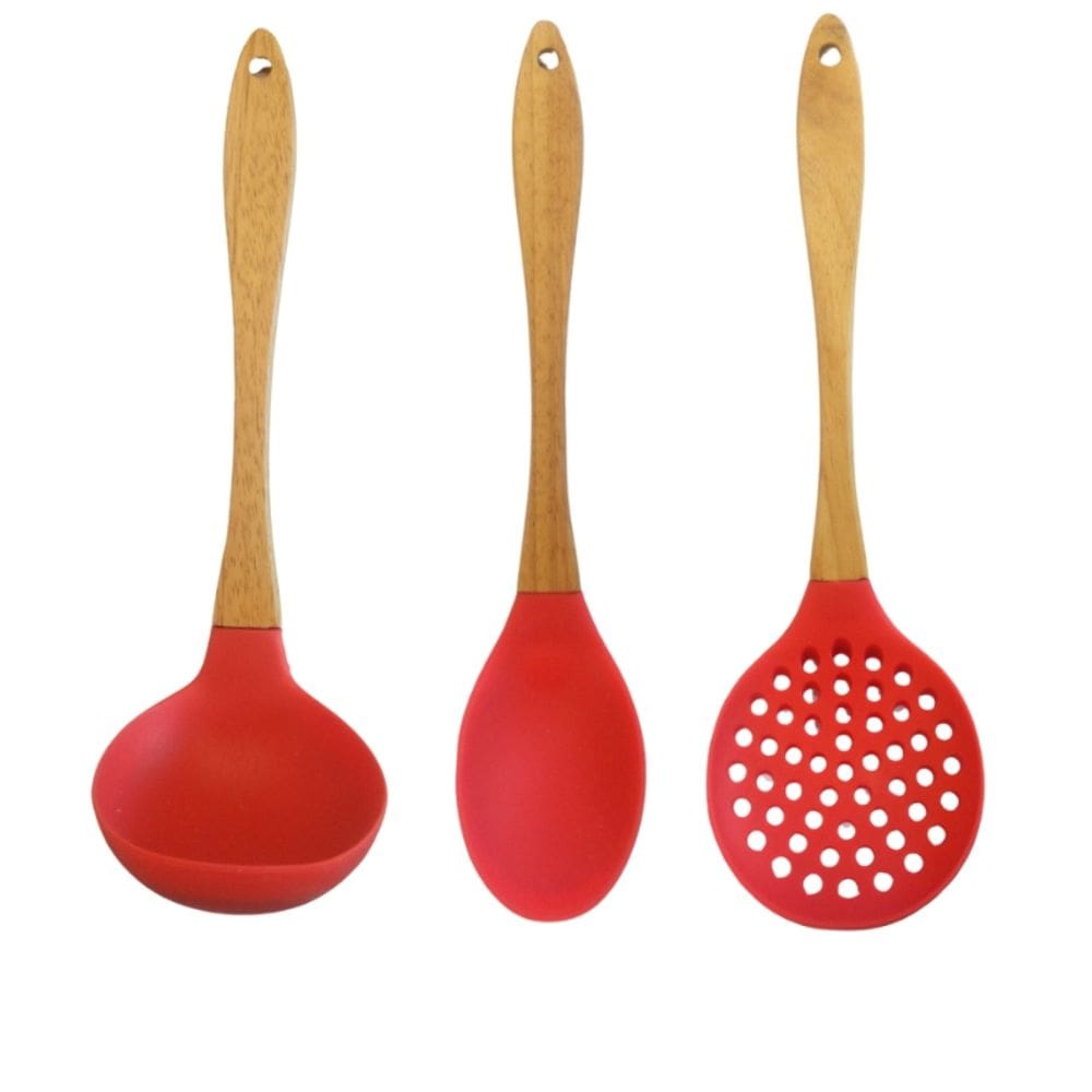 Kit Utensilios de Silicone com Cabo de Madeira - Resistente Altas Temperaturas Talheres Escumadeira Concha Colher PANAMI