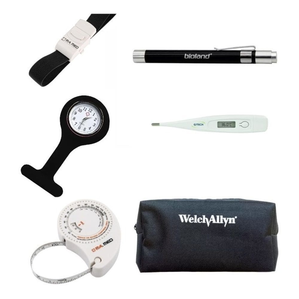 Kit Relogio Lapela, Garrote, Lanterna Bioland, Termometro Axilar Digital Trena E Estojo - 6 Peças