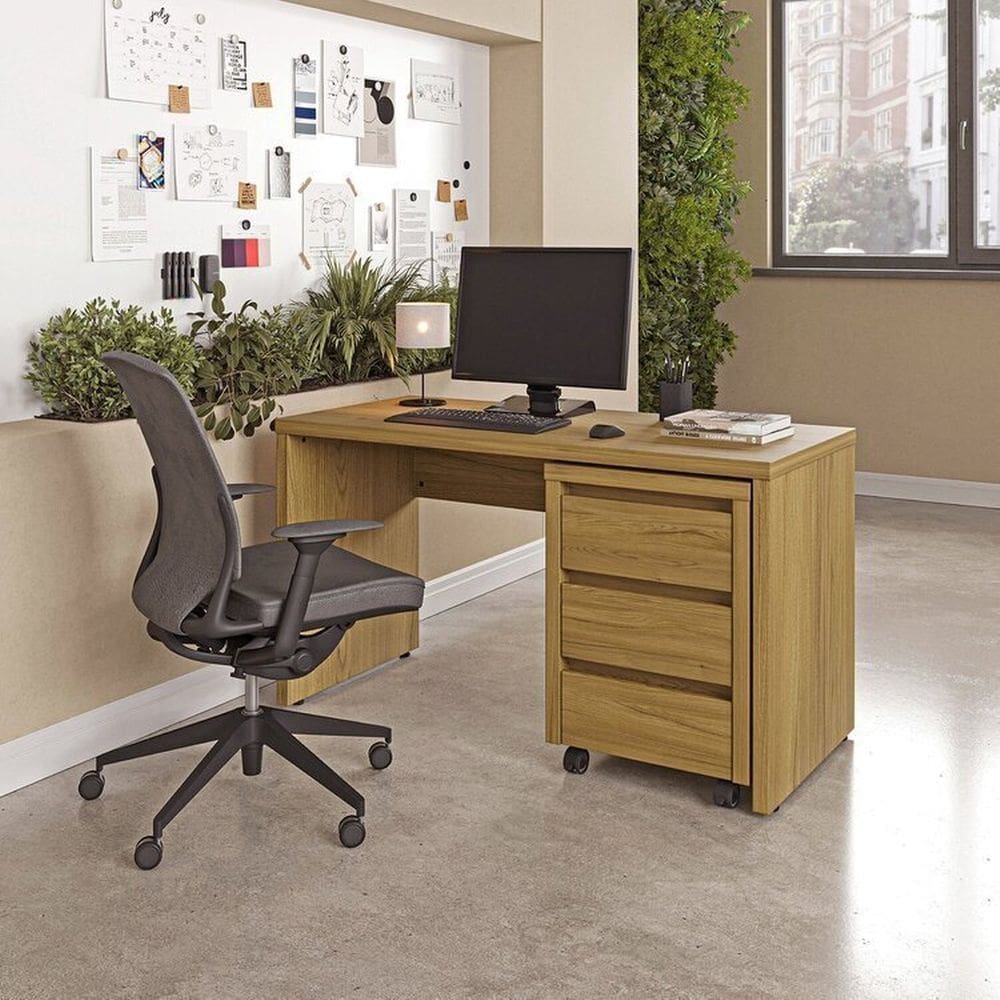 Mesa de Escritório 135cm com Gaveteiro com Rodízio Ficus Cabecasa Madeiramadeira Rovere