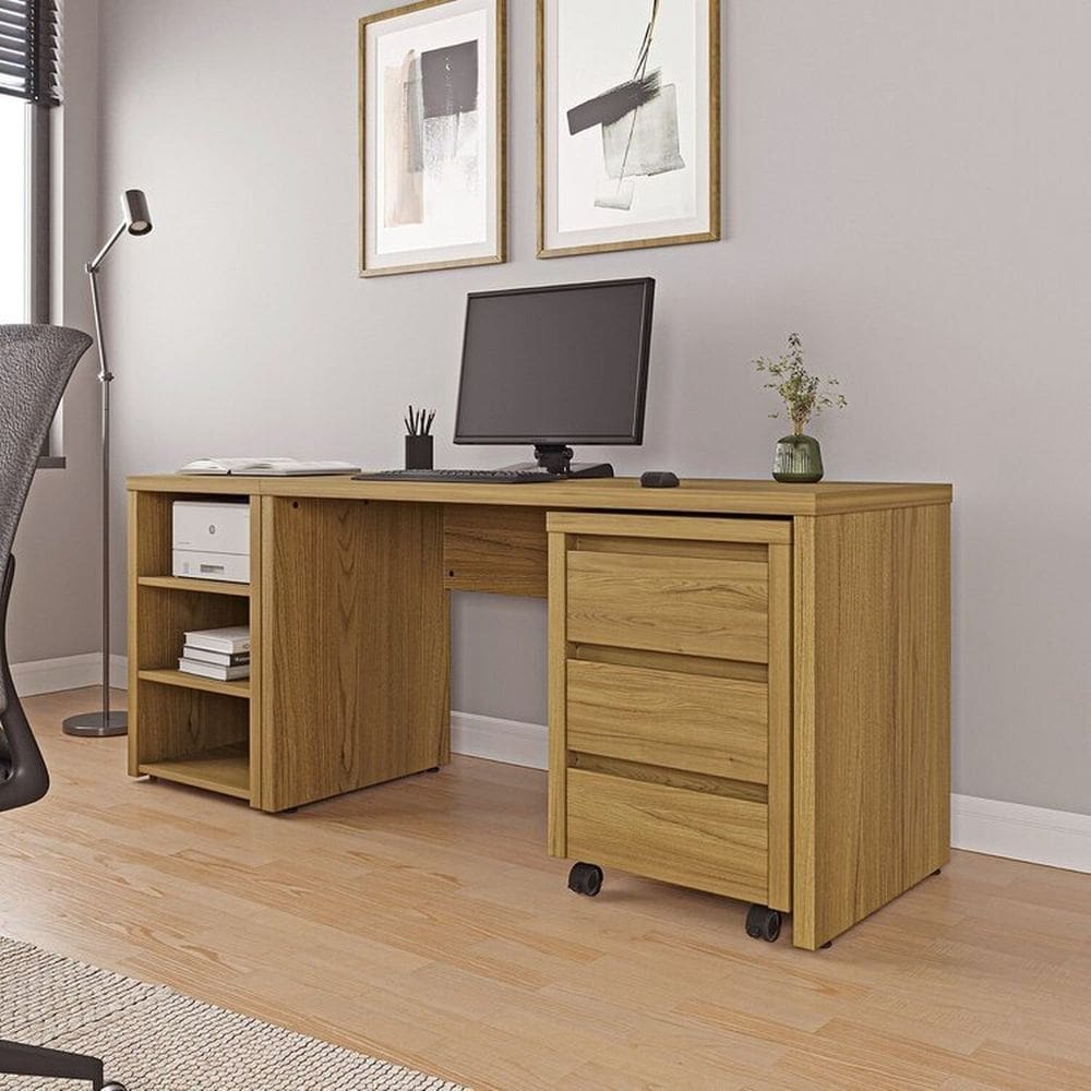 Mesa de Escritório 135cm com Gaveteiro com Rodízio e Prateleiras Ficus Cabecasa Madeiramadeira Rovere