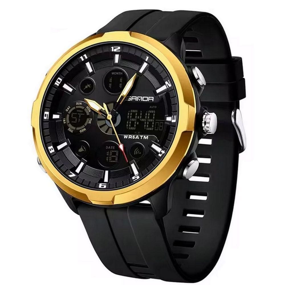 Relógio Digital Masculino Estilo Esportivo Duplo Display á Prova D`água Preto Dourado