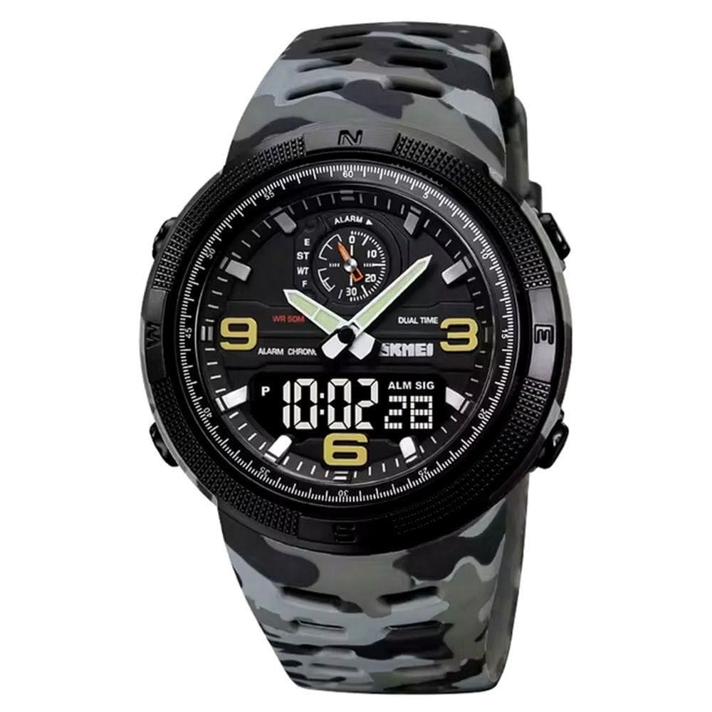 Relógio Digital Esportivo Masculino Display Duplo Multifuncional Impermeável Cinza