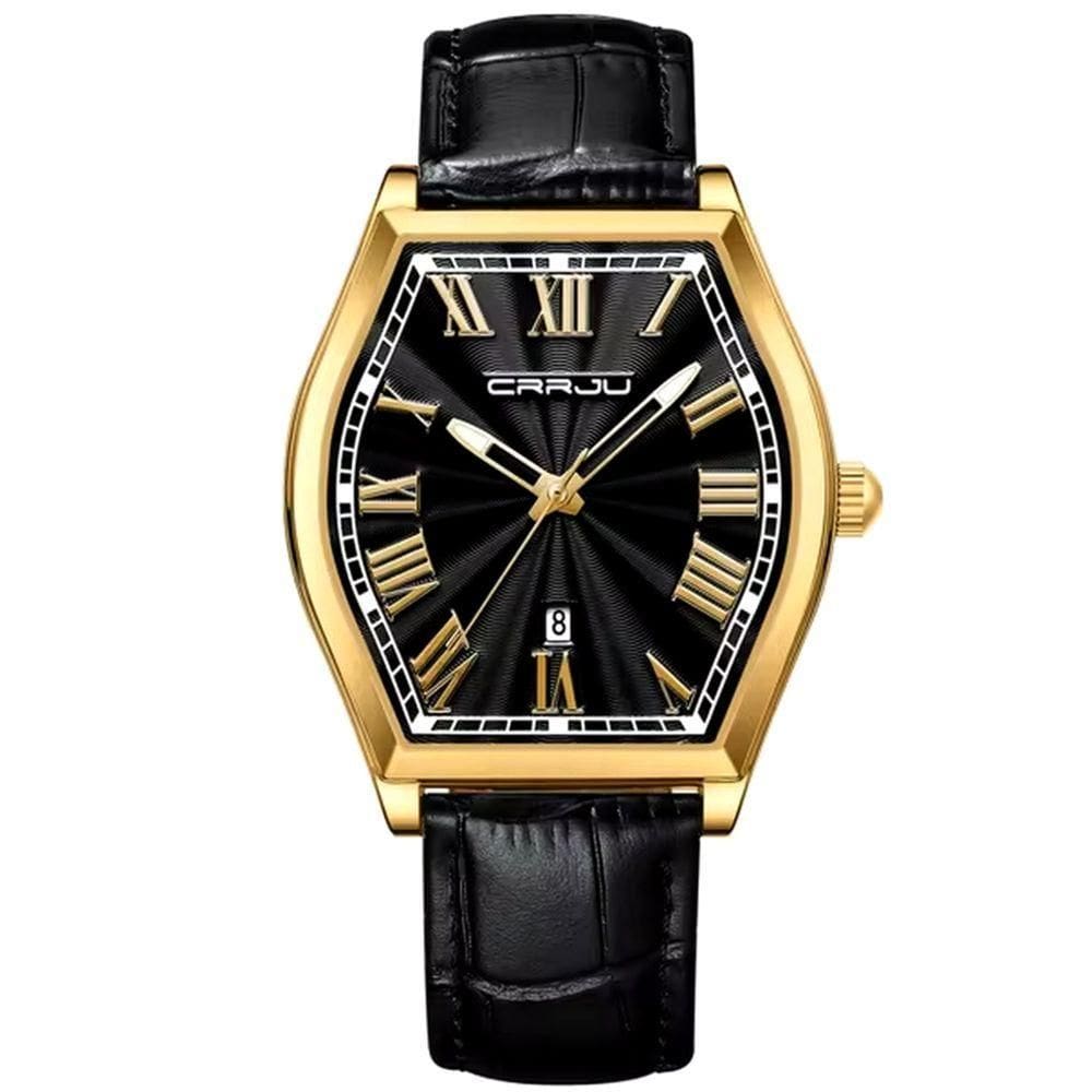 Relogio Analógico Masculino De Quartzo Design Criativo Tonneau à Prova D`água Preto Dourado