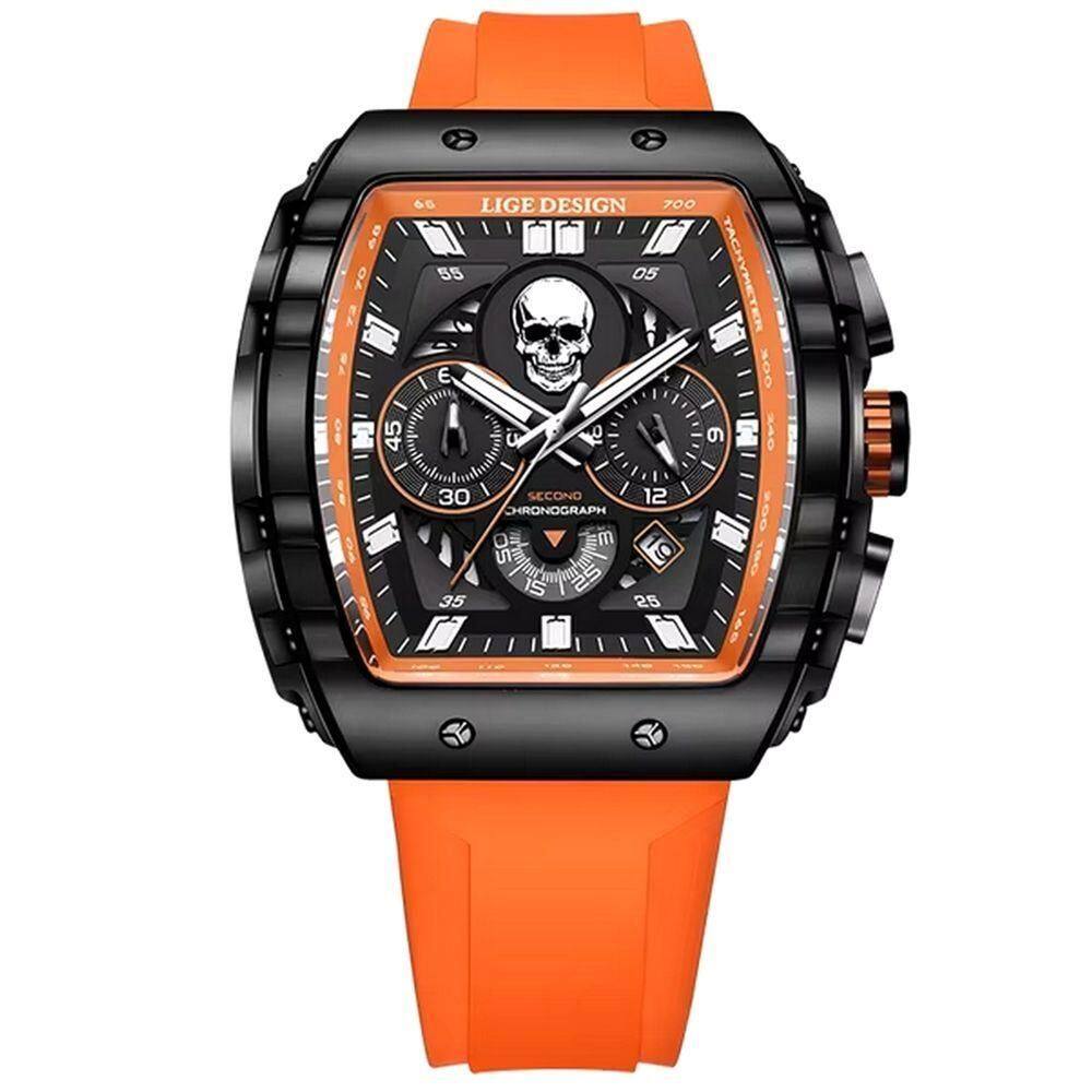 Relógio De Quartzo Impermeável Masculino Caveira Esportivo Casual Tonneau Laranja