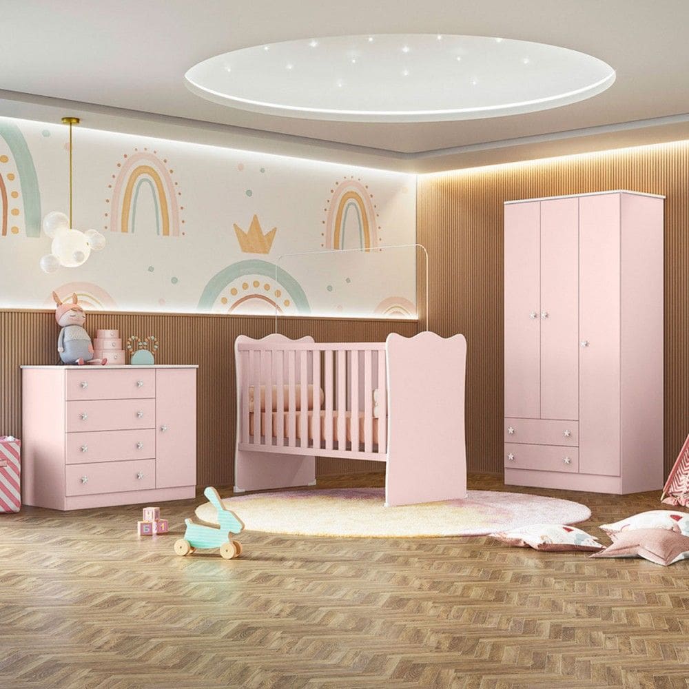 Quarto Infantil Completo Iris 4 Portas 6 Gavetas Rosa - Pnr Móveis