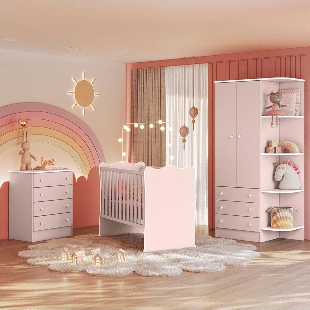Quarto Infantil Completo Estrela 2 Portas 7 Gavetas Rosa - Pnr Móveis