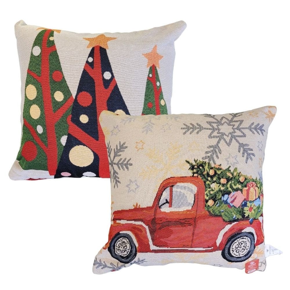 Jogo 2 Almofadas Gobelin Natal 45x45cm Árvores e Carro Vintage - Magizi