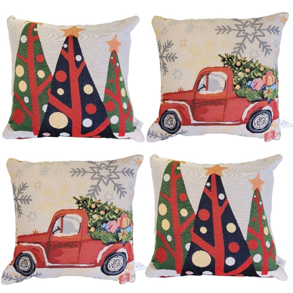 Jogo 4 Almofadas Gobelin Natal 45x45cm Árvores e Carro Vintage - Magizi